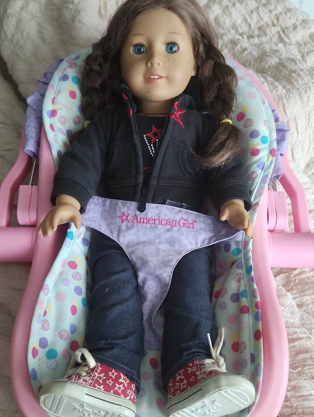 American Girl Doll with Pink Polka-Dot Carrier and Lavender Harness